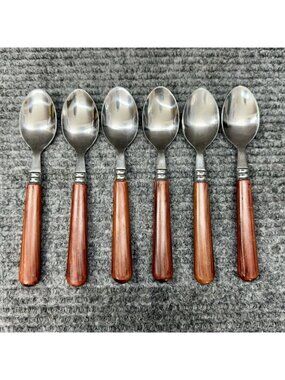 Faberware Silverware Lot Of 6 Spoons Teaspoon Faux Wood Brown Handle Vintage